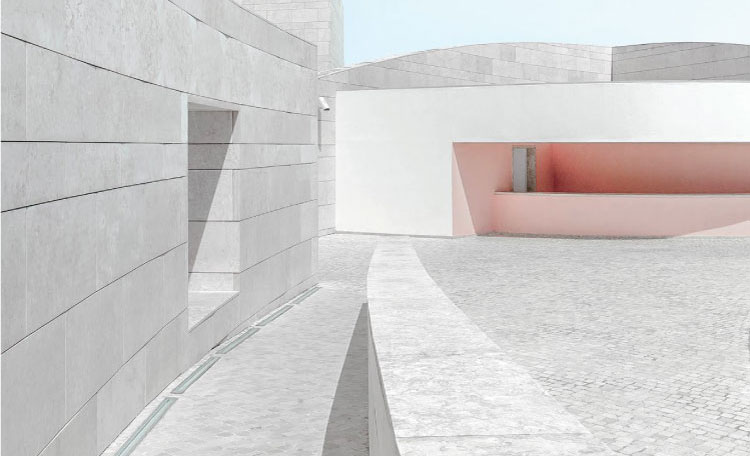 modern exterior architecture pale grey and pink, Portugal