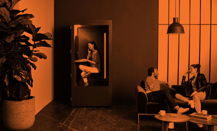 Default Alternate Text: "Orange duotone of workers on sofas talking informally