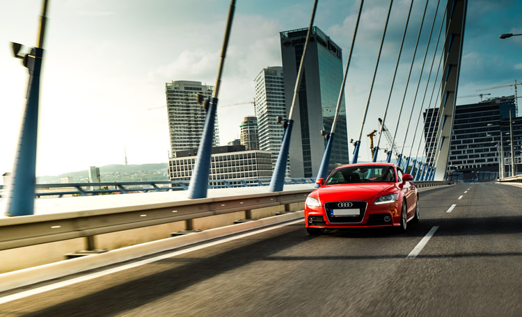 Most SNP bridge, Bratislava, Slovakia with red car